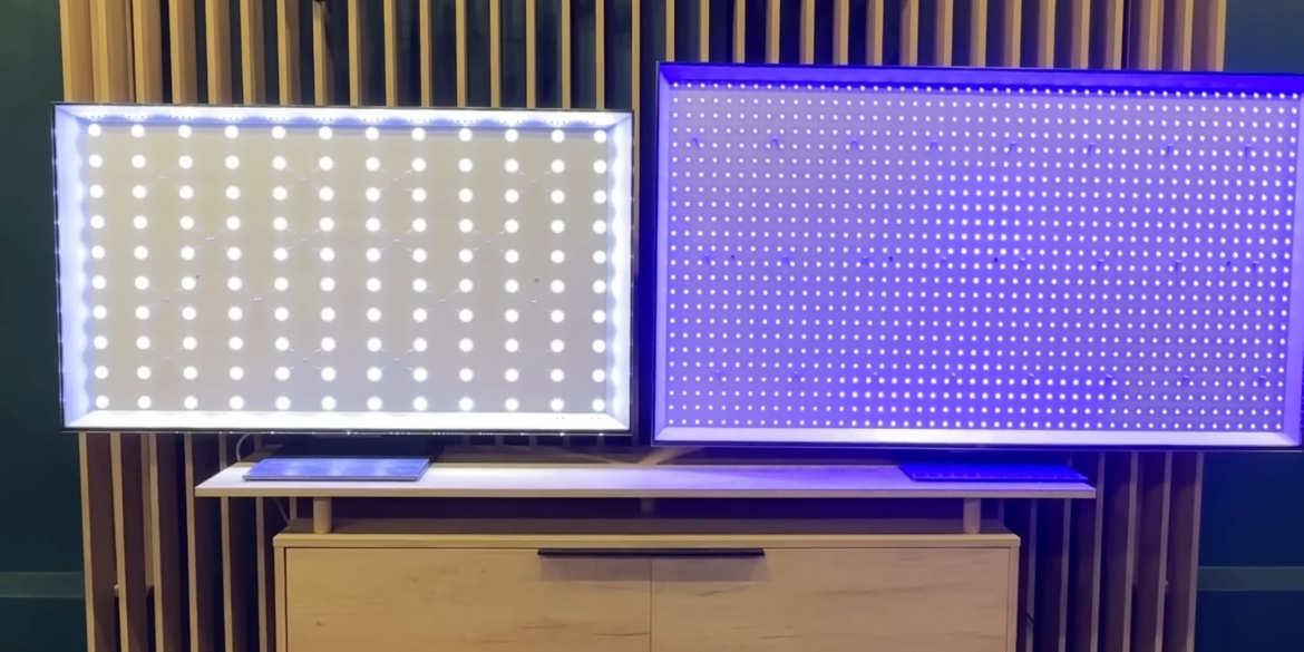 LED TV backlight on the left and mini-LED TV backlight on the right. Image: HDTVTest / YouTube
