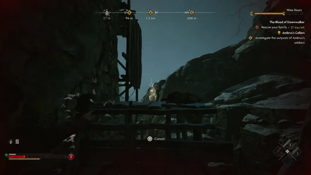 Lining up on the wooden barricade blocking the scaffolding; the Cancel prompt lets you back out. Image: Rebel Wolves