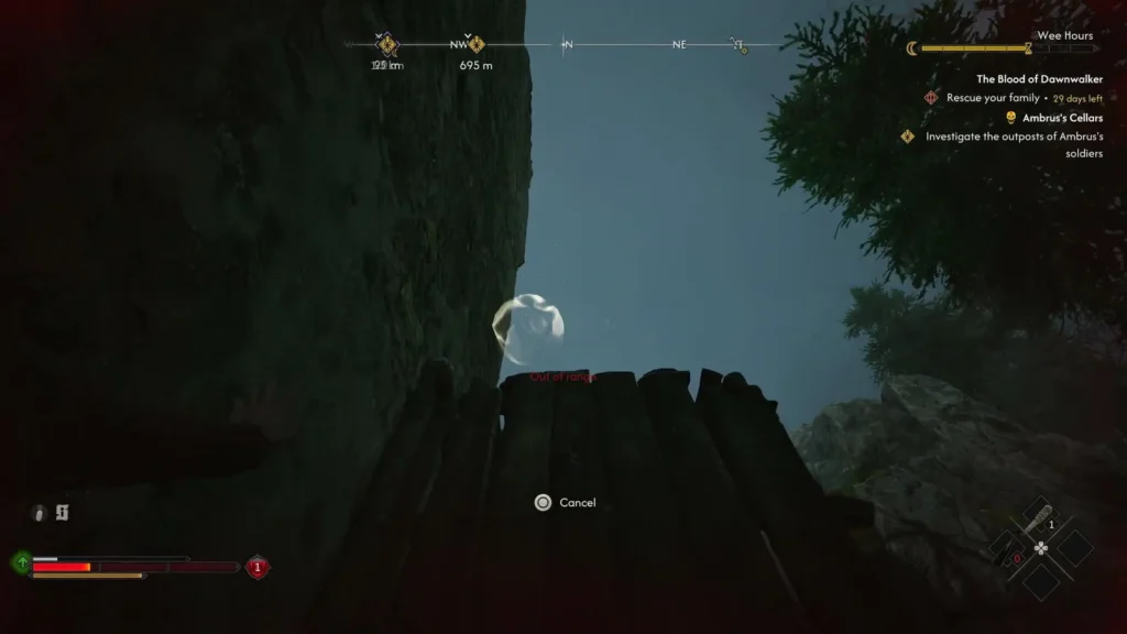 An “Out of range” warning means the ledge is too far — reposition and try a closer anchor point. Image: Rebel Wolves
