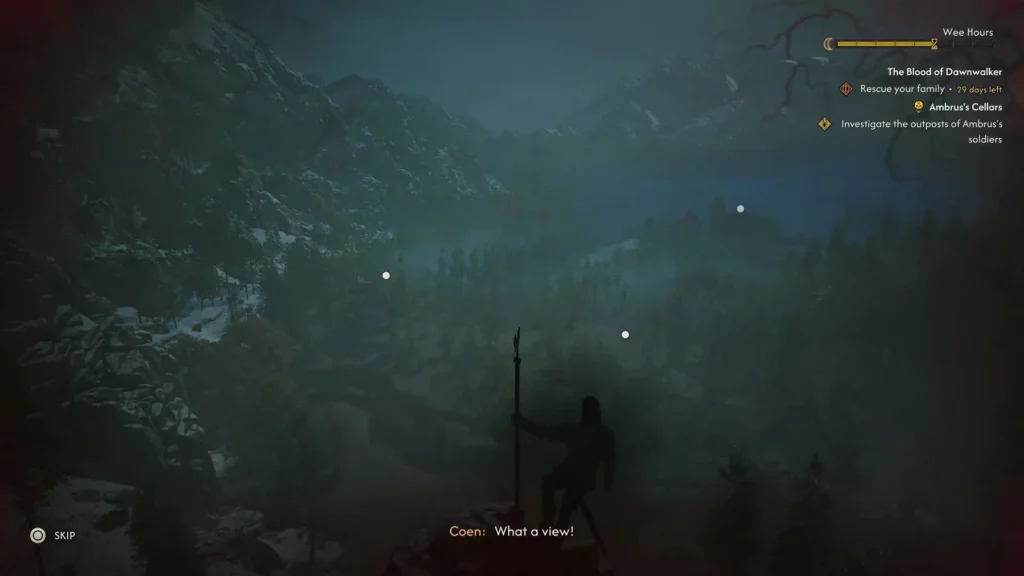 The survey cutscene from the top of the tower, with the Skip prompt in the corner. Image: Rebel Wolves