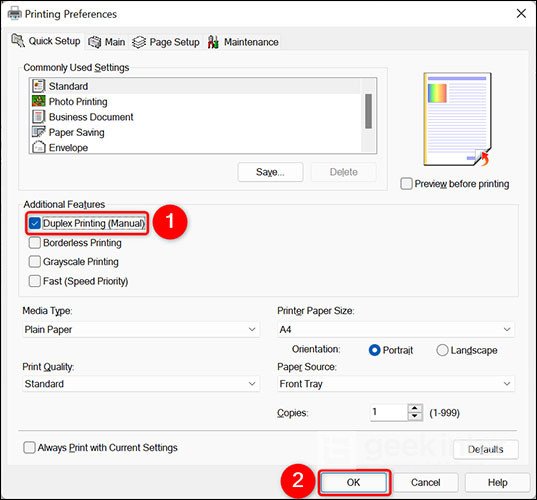 Windows 11 print settings with double-sided printing enabled
